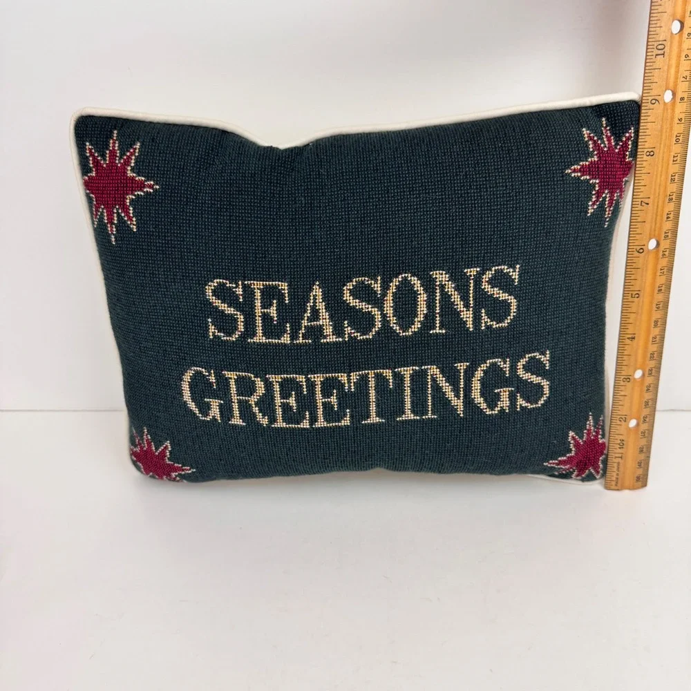 Vtg needlepoint seasons greetings holiday throw pillow Christmas small rectangle